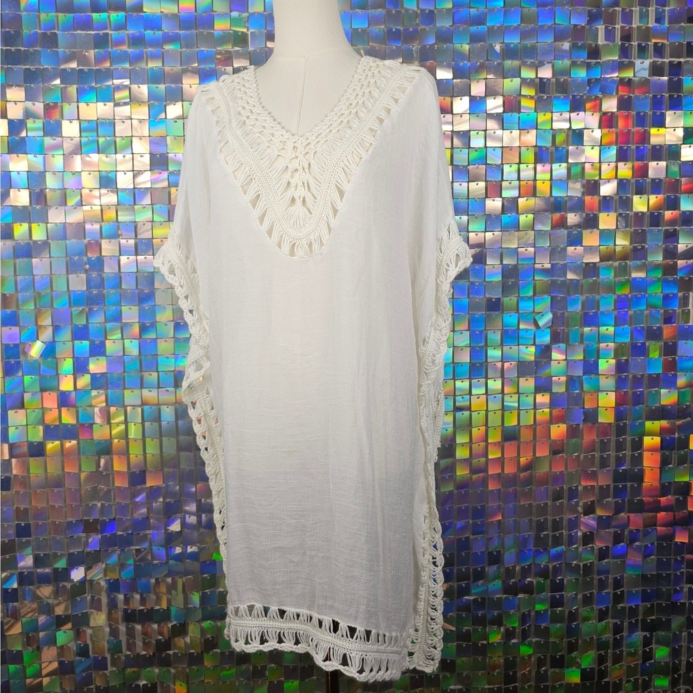 India Boutique Flowy Vacation Cover Up Womens OS White Crochet Boho Kaftan